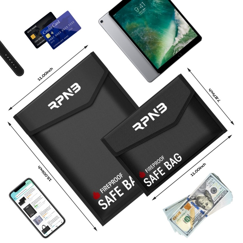 RPNB Fireproof Document Bag(2000℉), 2-Pack, Non-Itchy Silicone Coated Fiberglass Fire and Water Safe Bag.